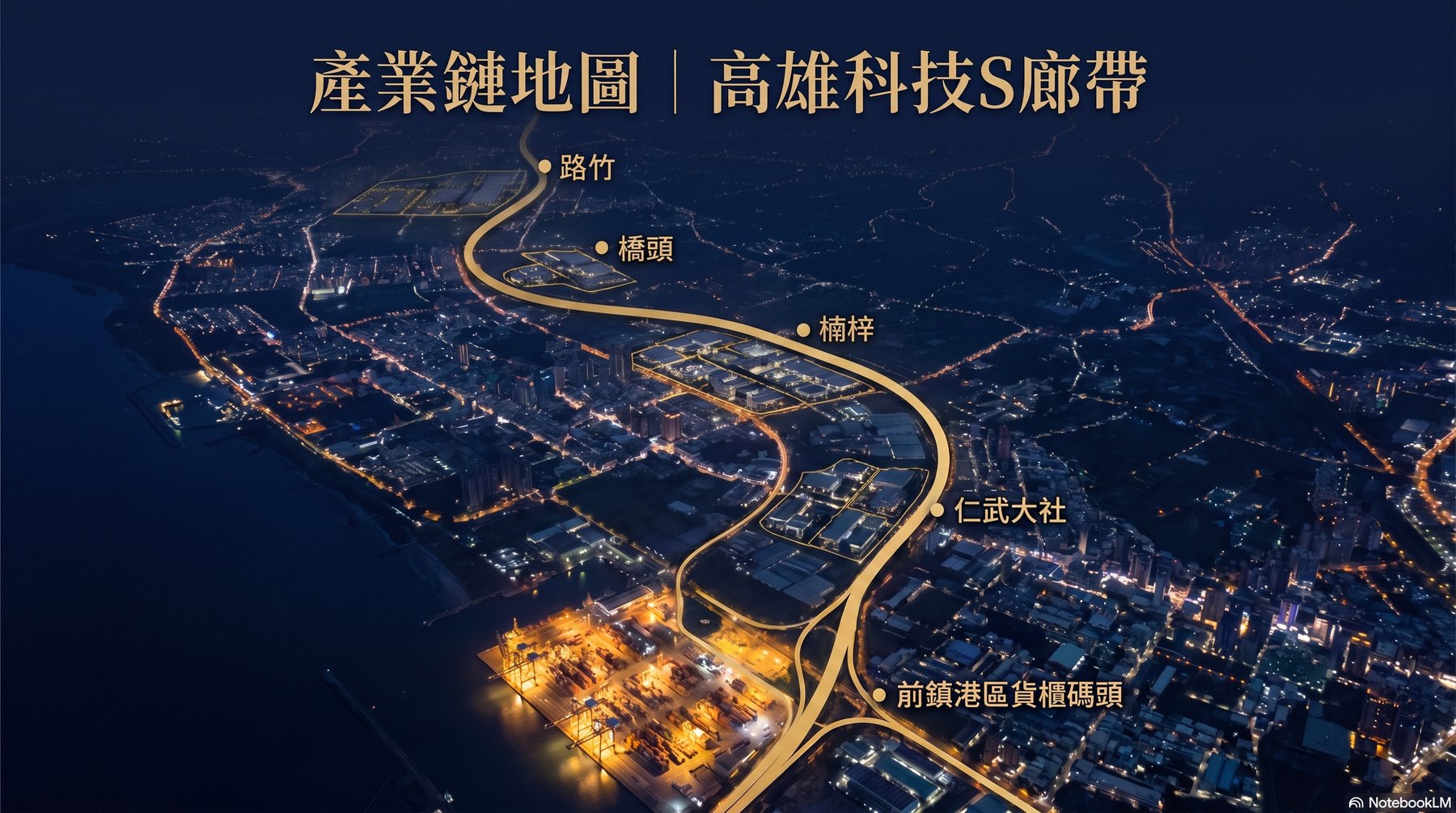 高雄科技S廊帶夜間空拍意象：金色公路光軌由北而南串聯路竹、橋頭、楠梓、仁武大社與前鎮港區貨櫃碼頭